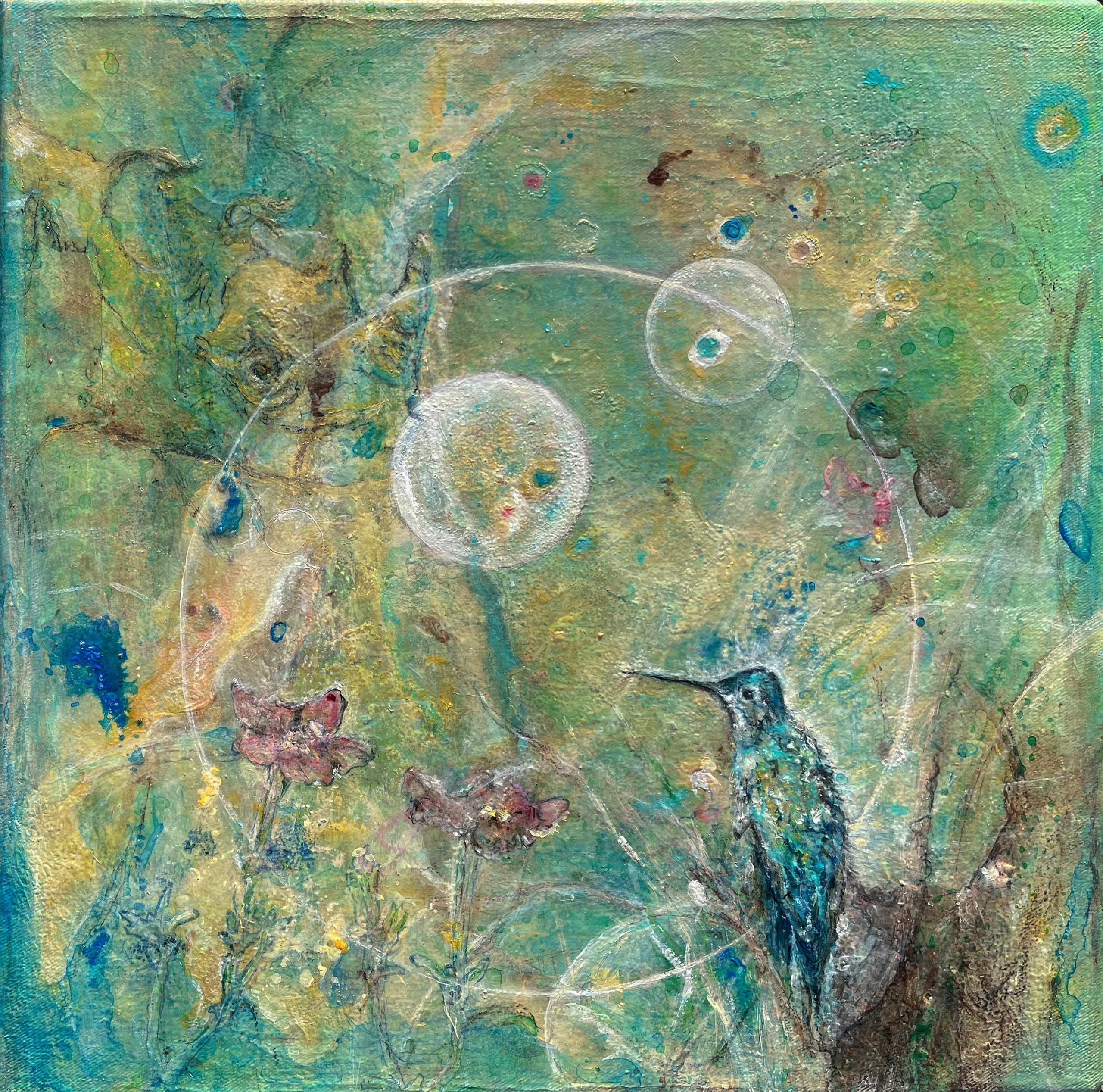 Andreja Soleil "Lied des Kolibris" 2021. Acryl, Kohle und Tusche auf Leinwand, 30 x 30 cm