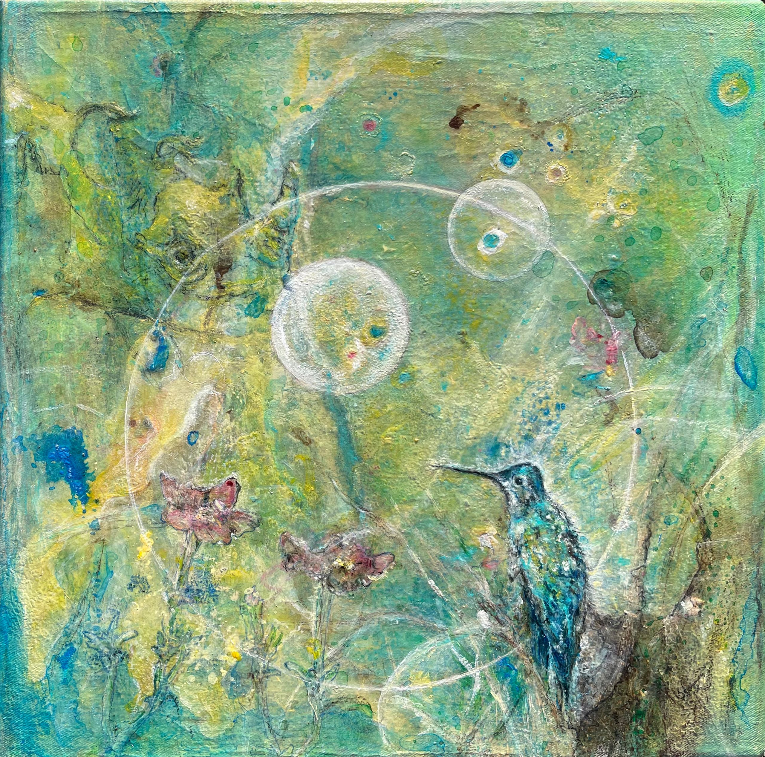 Lied des Kolibris. Acryl, Kohle und Tusche auf Leinwand, 30 x 30 cm cm © Andreja Soleil